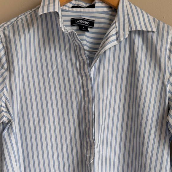 LANDS END Women's No Iron Button Front Shirt blue and white stripe Cotton Beach - Picture 4 of 7